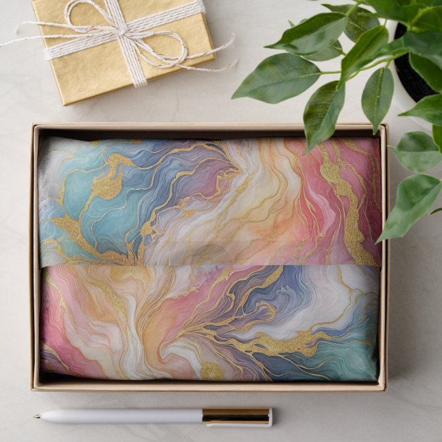 Turquoise Teal Pink Aqua Blue Purple Gold Marble Tissue Paper (Gift)
