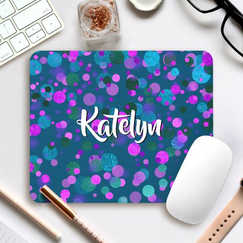 Turquoise teal purple confetti dots custom name mouse pad