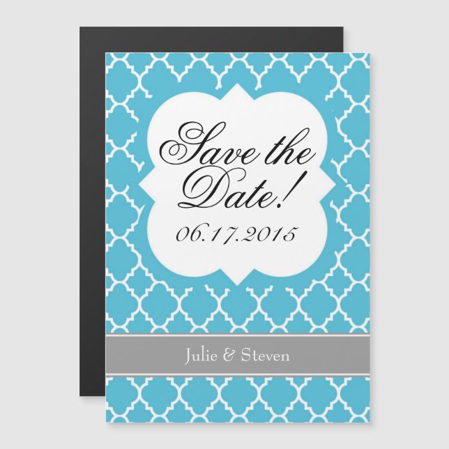 Turquoise Teal Quatrefoil Save The Date Magnet (Front/Back)