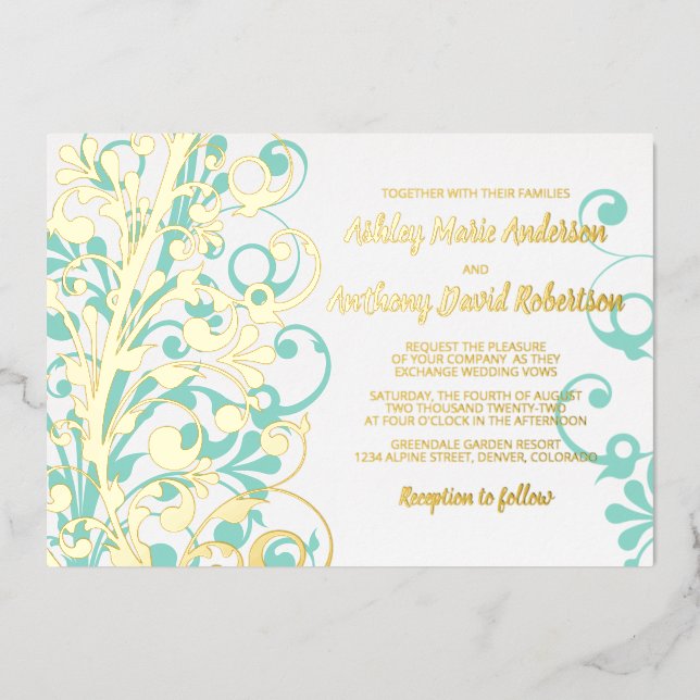 Turquoise Teal Real Gold Foil Floral Wedding Foil Invitation (Front)