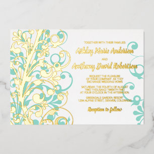 Turquoise Teal Real Gold Foil Floral Wedding Invitation