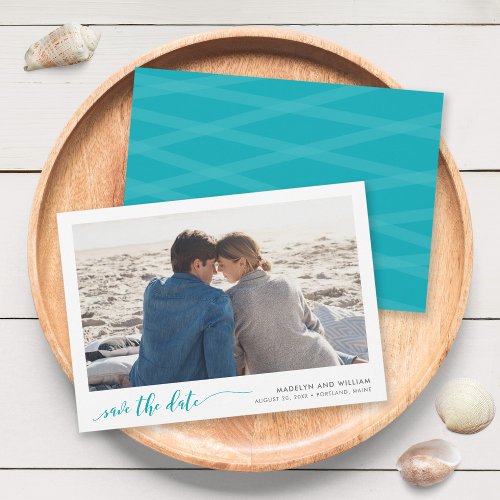 Turquoise Teal Relax Script Save the Date Photo