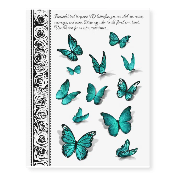Turquoise Teal Rose Floral Watercolor 3D Butterfly Temporary Tattoos |  Zazzle