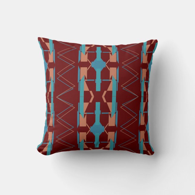 Turquoise Teal Rust Burgundy Southwest Look Mosaic Throw Pillow (Front)