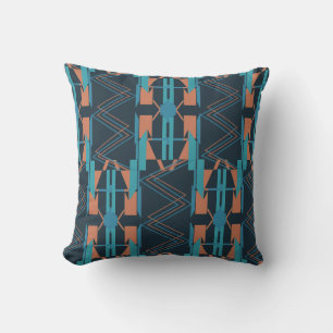 Turquoise Teal Rust Navy Large Zig-zag Mosaic Art  Throw Pillow