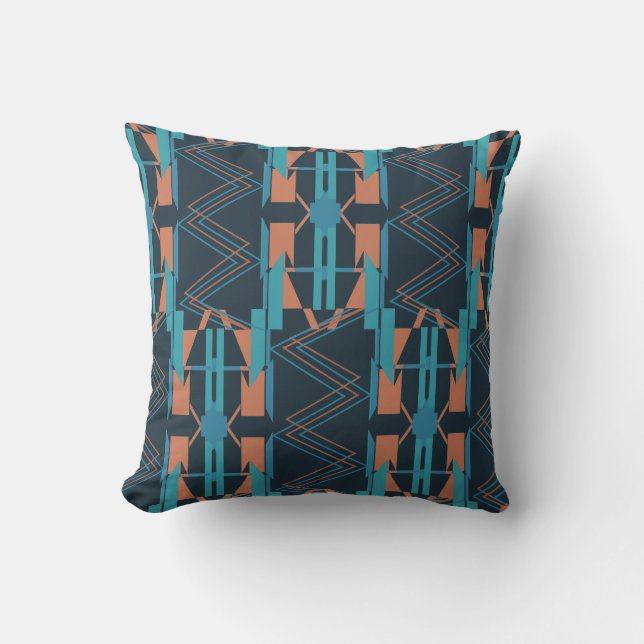 Turquoise Teal Rust Navy Large Zig-zag Mosaic Art  Throw Pillow (Front)