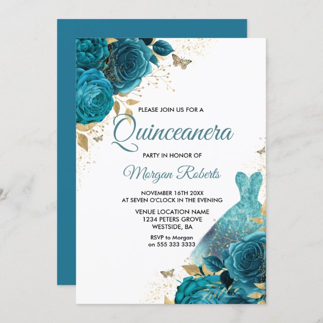 Turquoise Teal Sparkle Dress Quinceanera Party Invitation (Front/Back)