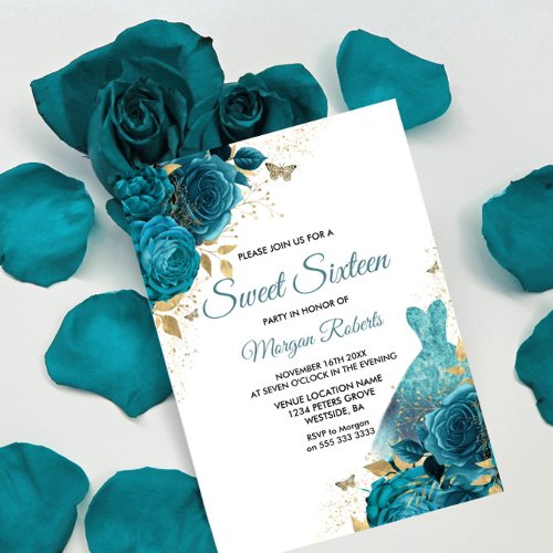 Turquoise Teal Sparkle Dress Sweet 16 Party Invitation