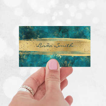 Turquoise Teal Stone Glitter Gold Brush Strokes Business Card by annaleeblysse at Zazzle