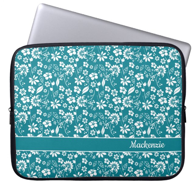 Turquoise Teal Tropical Flowers Monogram Laptop Sleeve (Front)