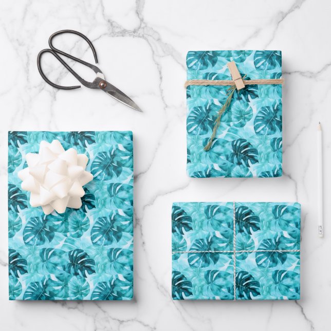 Turquoise & Teal Watercolor Leaves Wrapping Paper Sheets (Front)