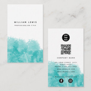 Turquoise Teal Watercolor QR Code Social Media Business Card