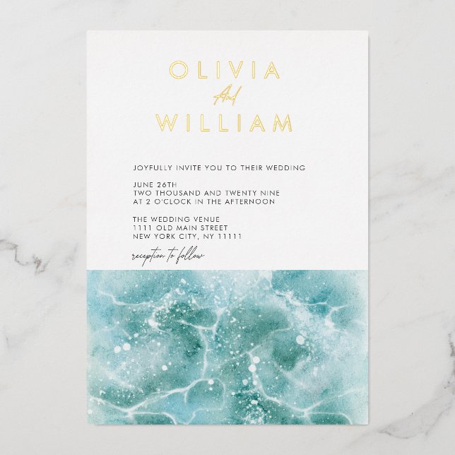 Turquoise Teal Waves Beach Wedding Foil Invitation (Front)