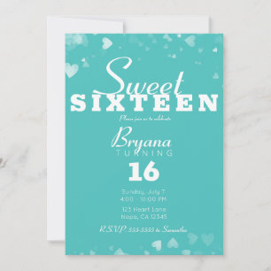 Turquoise Teal & White Hearts Chic Sweet 16 Party Invitation