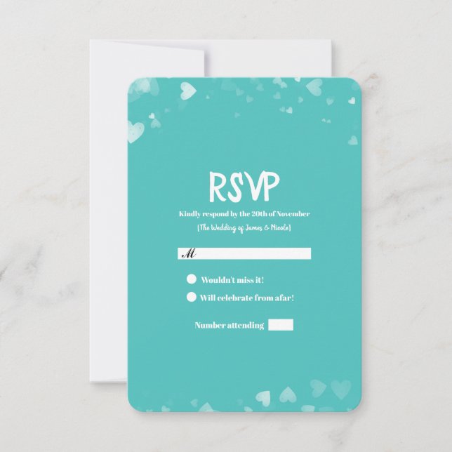 Turquoise Teal & White Hearts Wedding RSVP Card (Front)