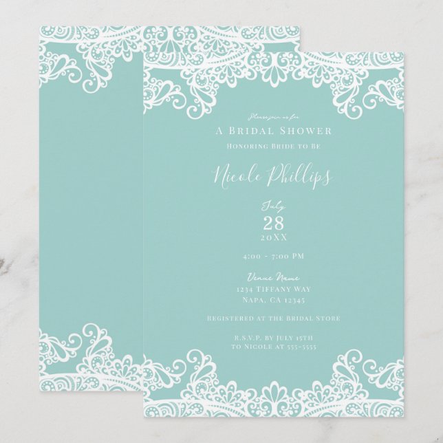 Turquoise Teal White Lace Elegant Bridal Shower Invitation (Front/Back)
