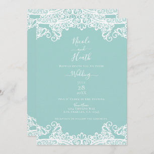 Turquoise Teal White Lace Elegant Wedding Invitation