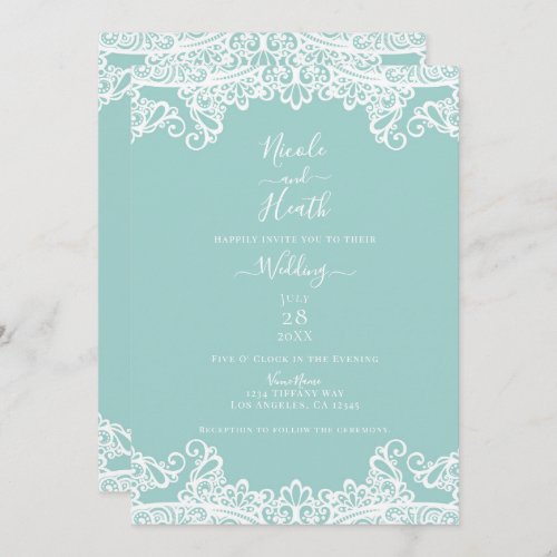 Turquoise Teal White Lace Elegant Wedding  Invitation