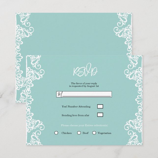Turquoise Teal White Lace Elegant Wedding RSVP   Invitation (Front/Back)