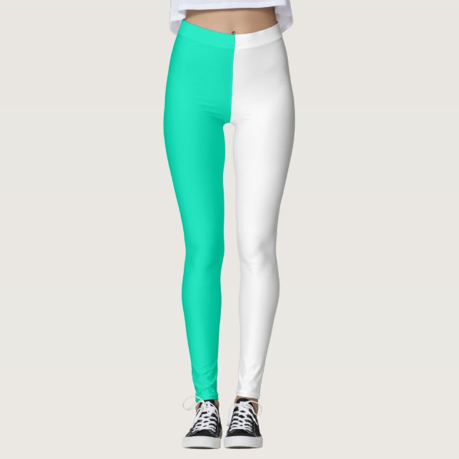 Turquoise Teal White Two Tone Split Half Design Leggings (Front)