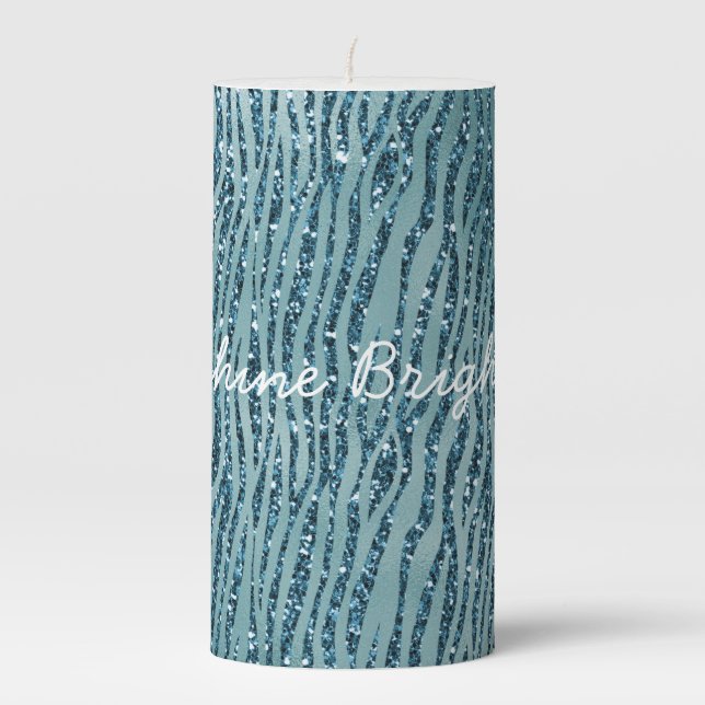 Turquoise Teal Zebra Print Glitter           Pillar Candle (Front)
