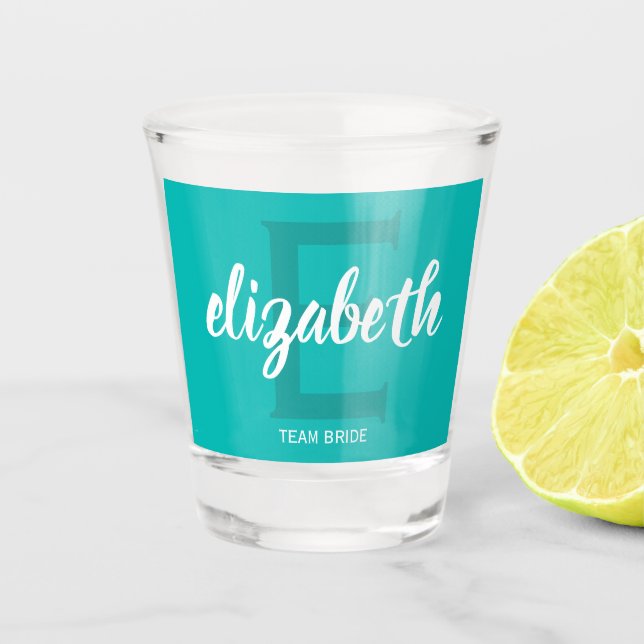 Turquoise Team Bride Personalized  Shot Glass (Front)