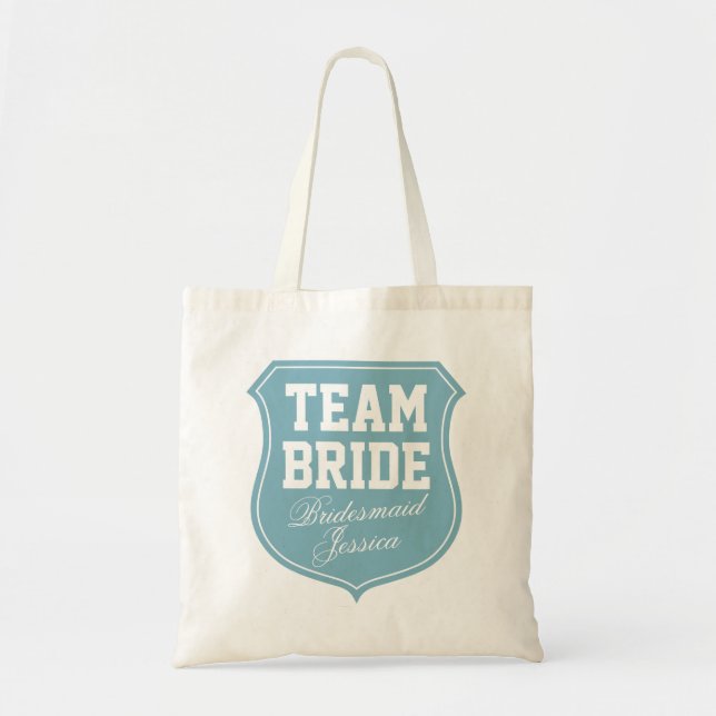 Turquoise Team Bride tote bags for wedding party (Front)
