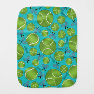 Turquoise tennis balls rackets and nets burp cloth