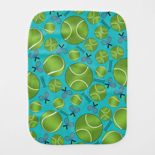 Turquoise tennis balls rackets and nets burp cloth (Front)