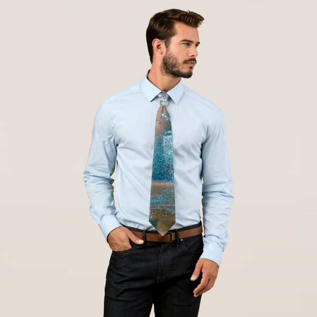 Turquoise Textured Paint and Rust Abstract Neck Tie (In Situ)