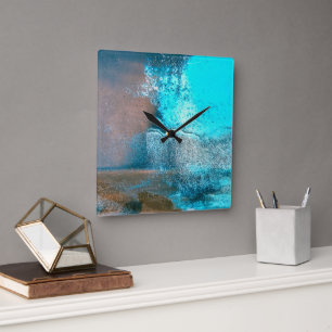 Turquoise Textured Paint and Rust Abstract Square Wall Clock