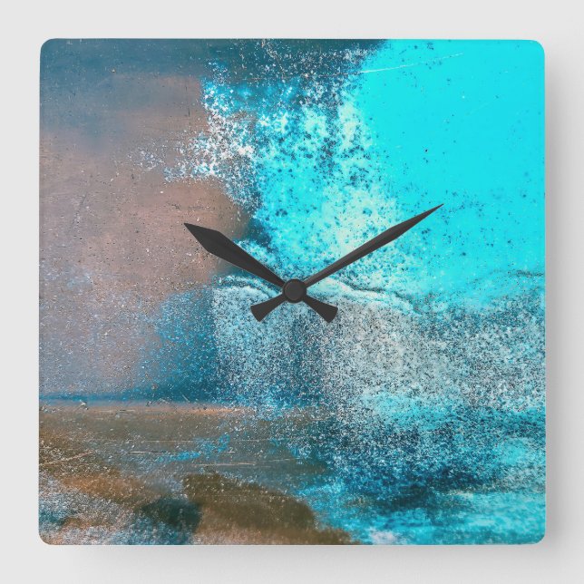 Turquoise Textured Paint and Rust Abstract Square Wall Clock (Front)