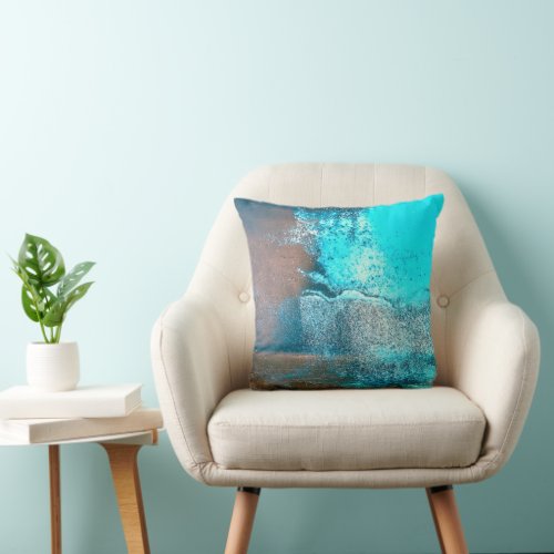Turquoise Textured Paint and Rust Abstract Throw Pillow