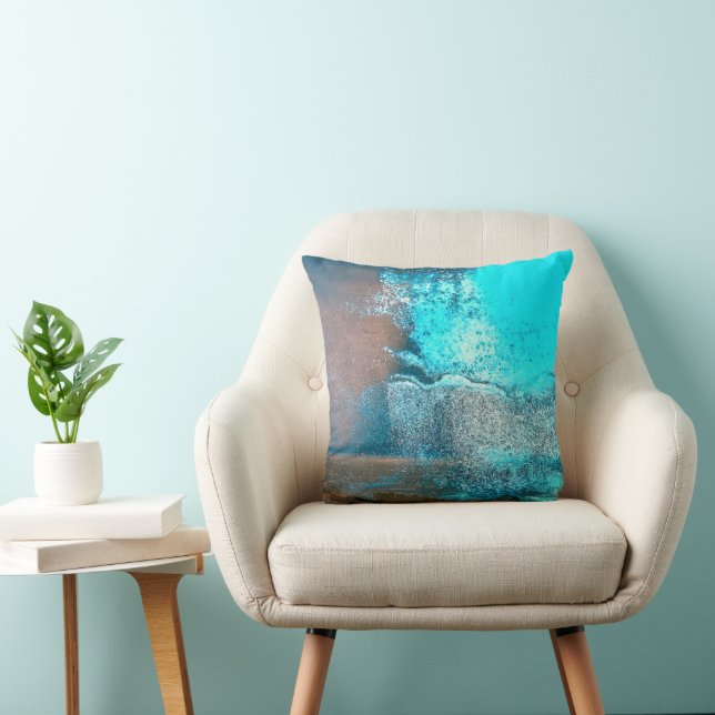 Turquoise Textured Paint and Rust Abstract Throw Pillow (Chair)