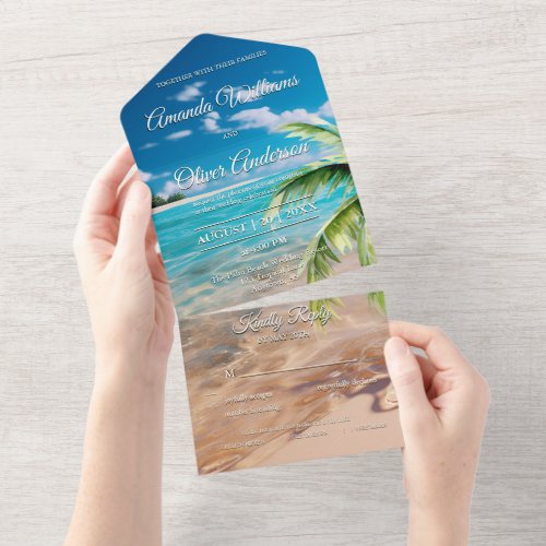 Turquoise Tides Tropical Palm Tree Beach Wedding All In One Invitation