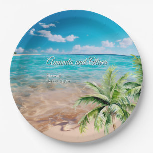 Turquoise Tides Tropical Palm Tree Beach Wedding  Paper Plates