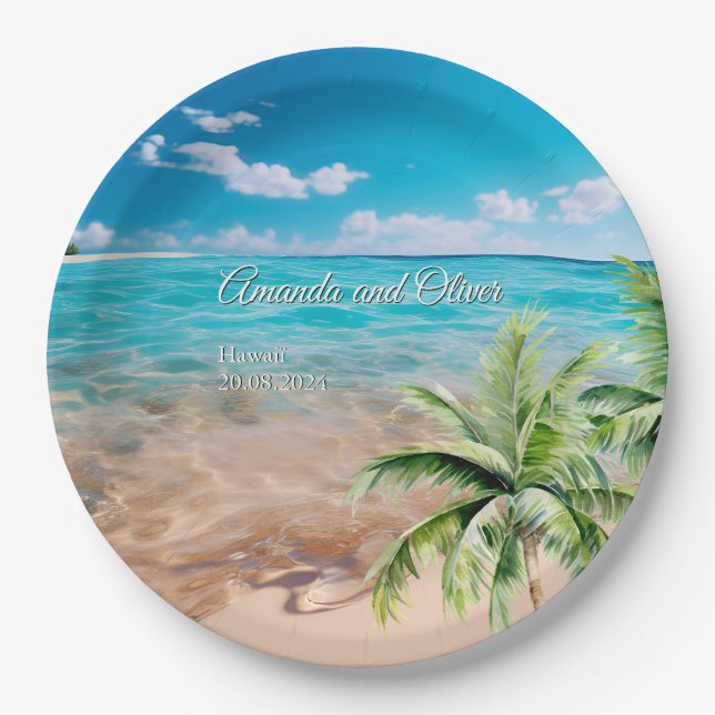 Turquoise Tides Tropical Palm Tree Beach Wedding  Paper Plates (Front)