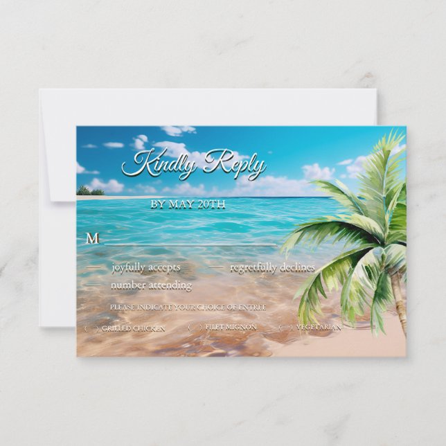 Turquoise Tides Tropical Palm Tree Beach Wedding RSVP Card (Front)