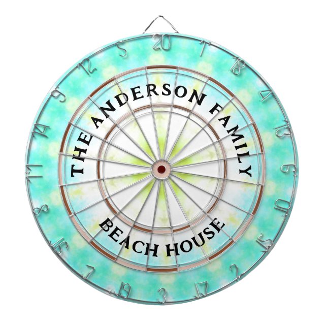 Turquoise Tie Dye Beach House Family Name Dart Board (Front)