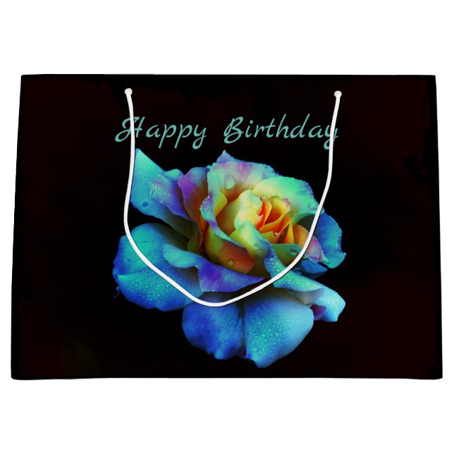 Turquoise Tie Dyed Rose -Happy Birthday Large Gift Bag (Front)