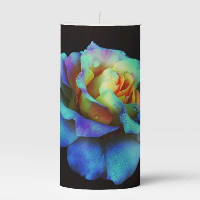Turquoise Tie Dyed Rose  Pillar Candle (Front)