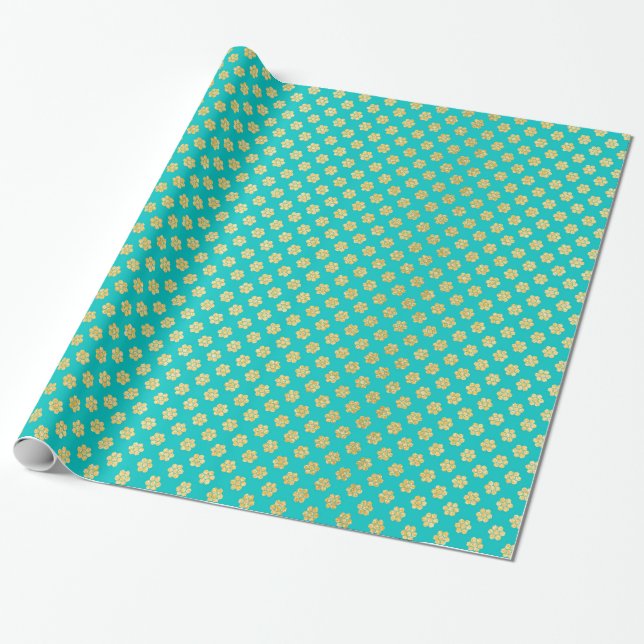 Turquoise Tiffany and Gold Daisy Flower Sparkle Wrapping Paper (Unrolled)