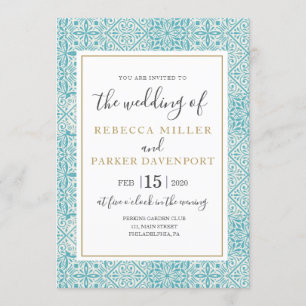 Turquoise Tiles and gold Wedding invitation