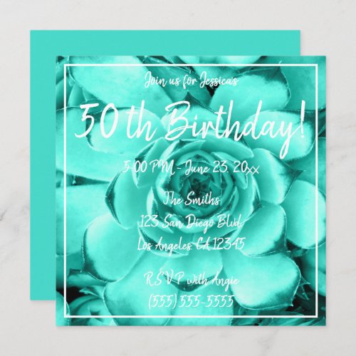 Turquoise Tinted Succulent Photo 50th Birthday Invitation