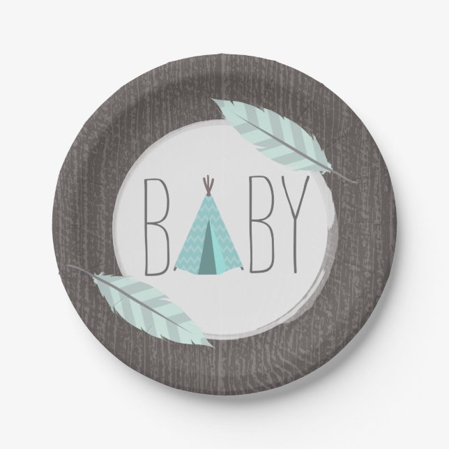 Turquoise Tipi Baby Shower - Wood Inspired Paper Plates (Front)