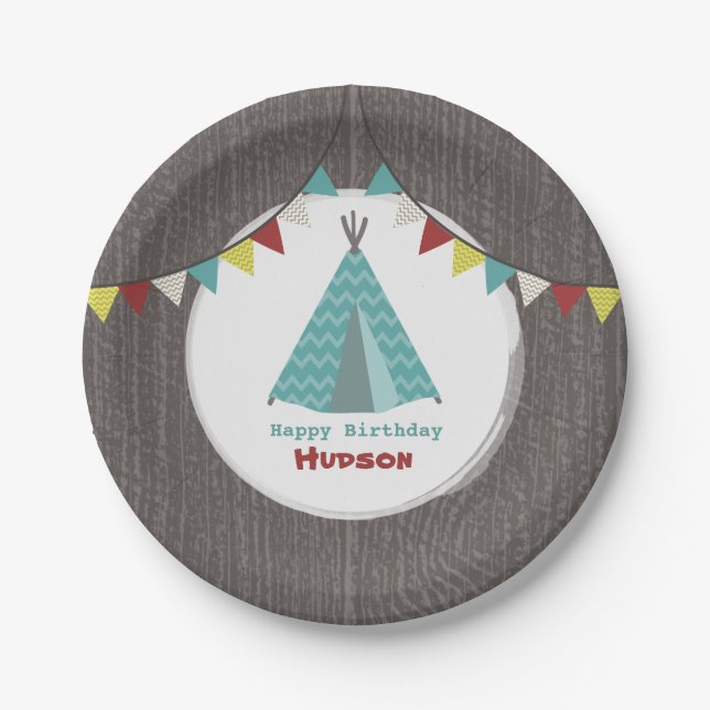 Turquoise Tipi Birthday Paper Plates (Front)