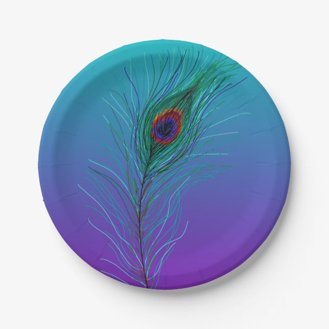 Turquoise to Purple Peacock Feather Paper Plates (Front)