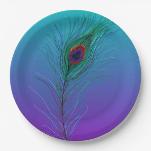 Turquoise to Purple Peacock Feather Paper Plates
