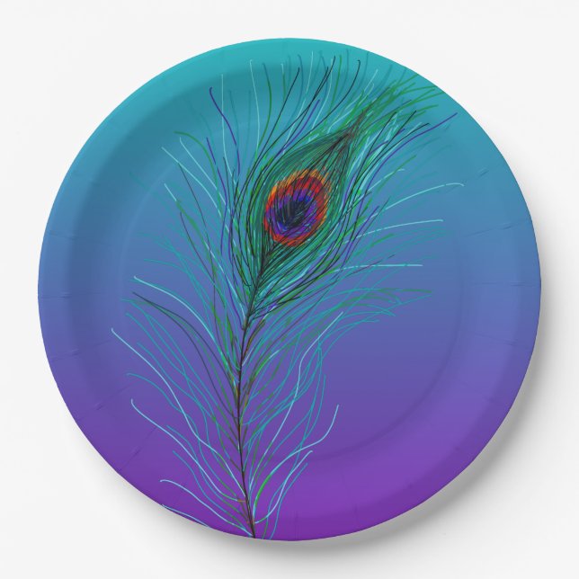 Turquoise to Purple Peacock Feather Paper Plates (Front)