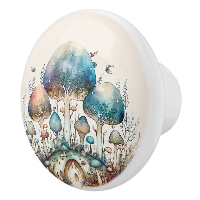 Turquoise Toadstool Fairy Village Ceramic Knob (Right)